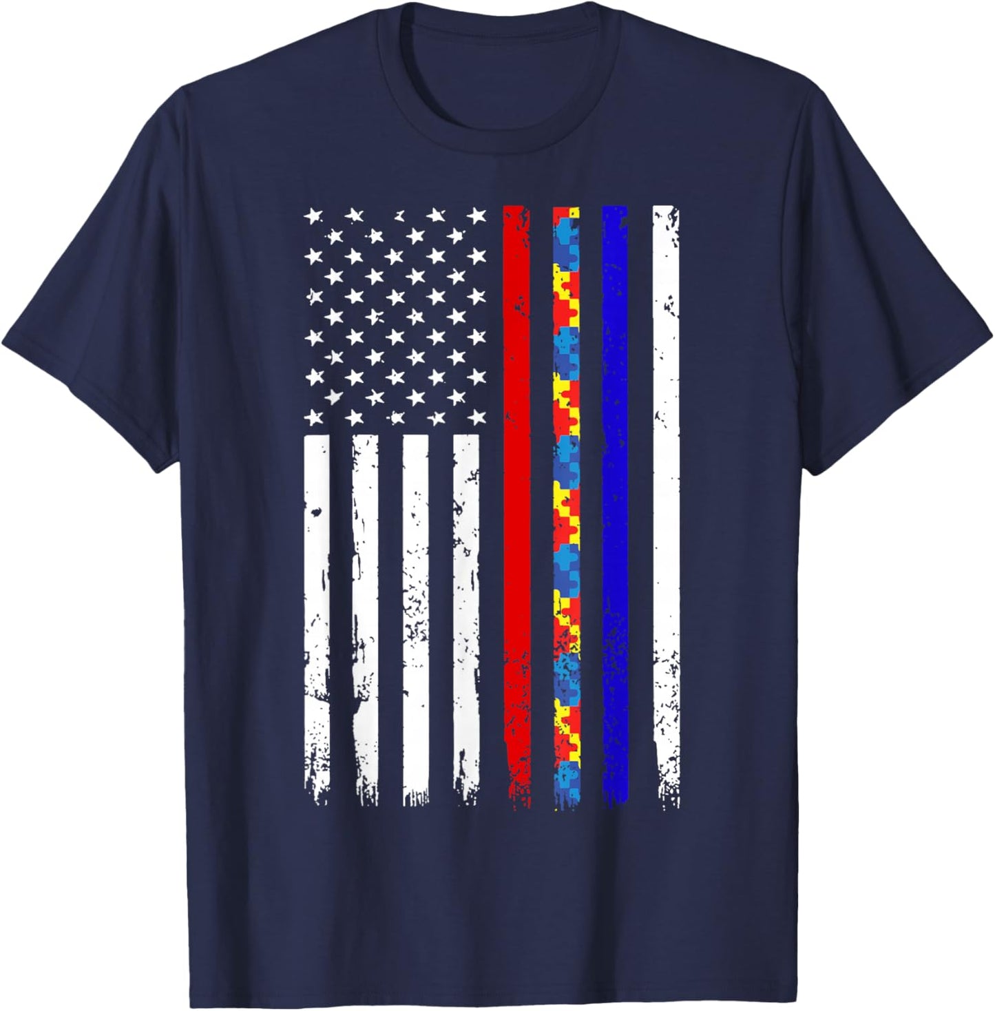Thin Red Blue Line Police Firefighter Autism Awareness Gifts T-Shirt - T-Shirt | Navy