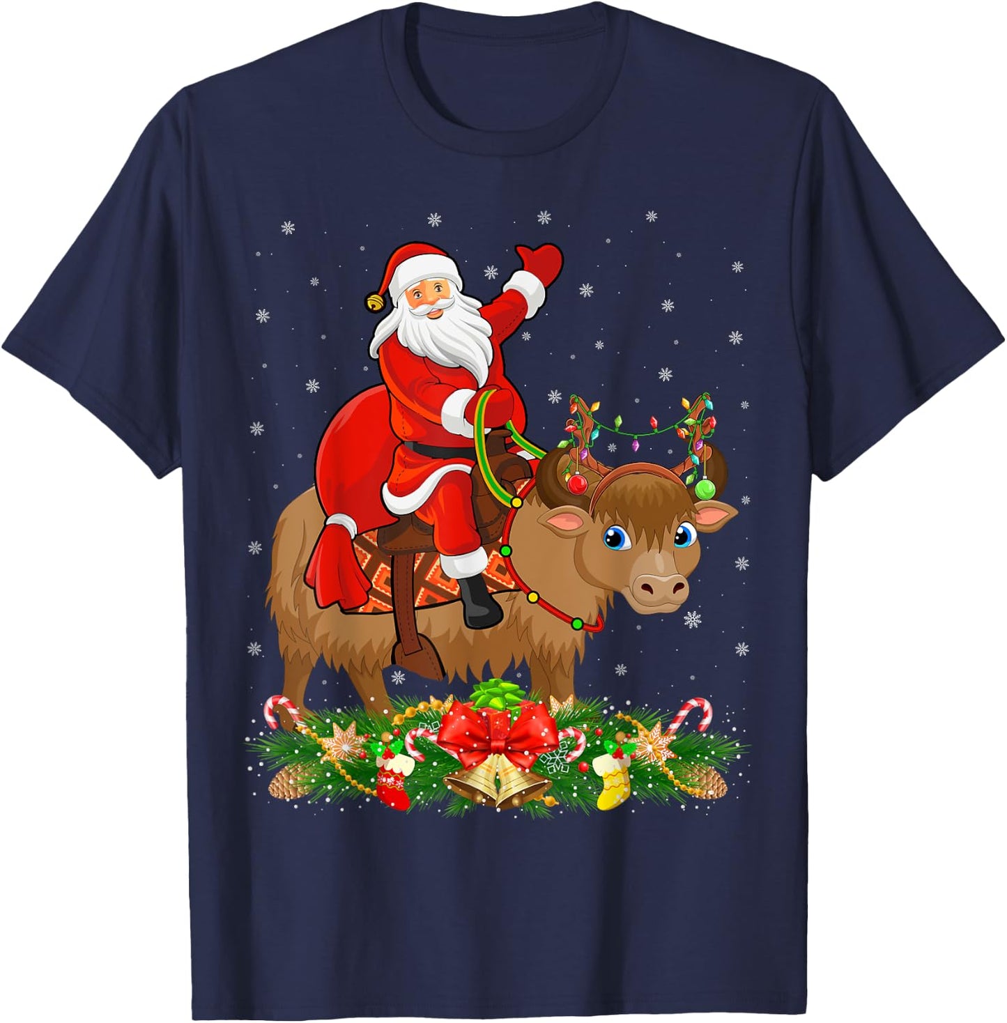 Xmas Decor Lights Funny Santa Riding Yak Christmas T-Shirt - T-Shirt | Navy
