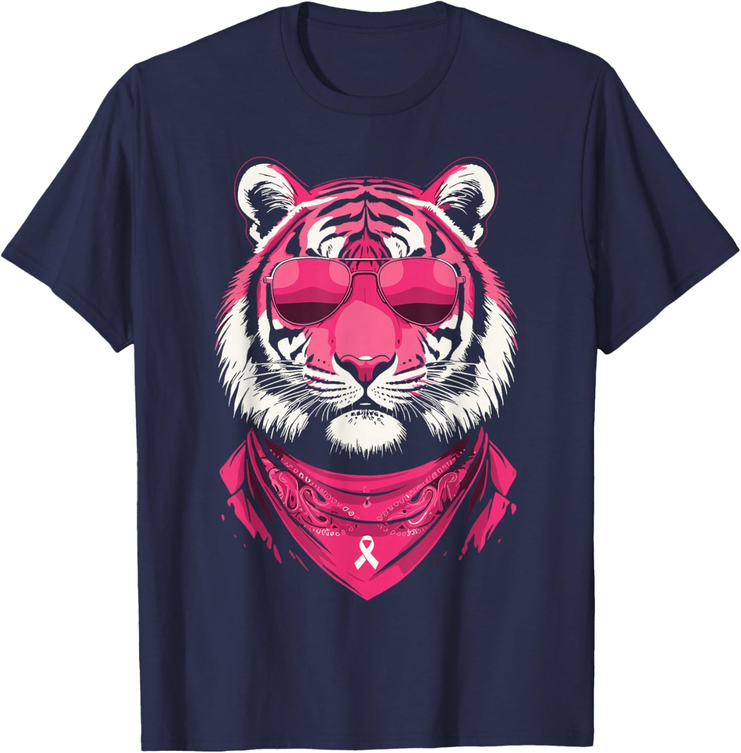 Pink Tiger with Sunglasses Bandana Breast Cancer Awareness T-Shirt - T-Shirt | Navy