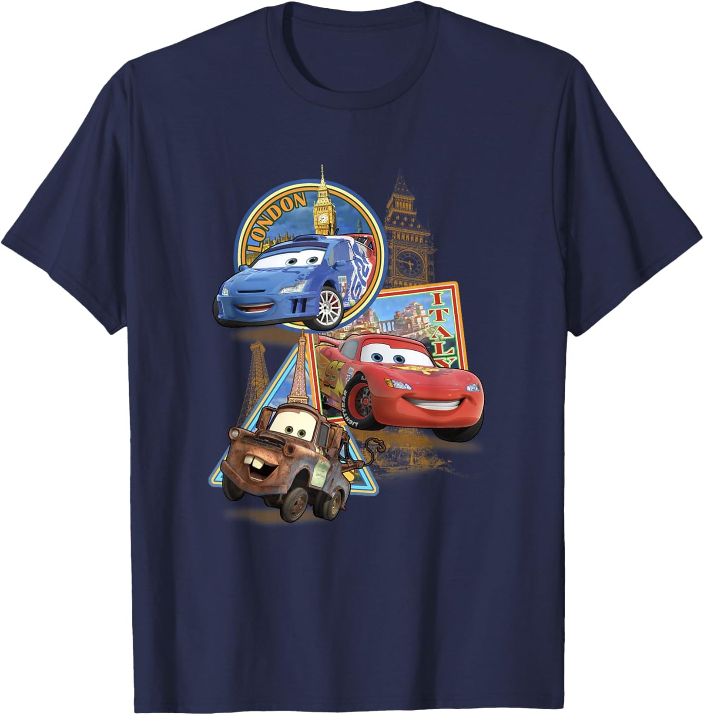 Disney Pixar Cars 2 London Italy Paris World Tour Postcards T-Shirt - T-Shirt | Navy