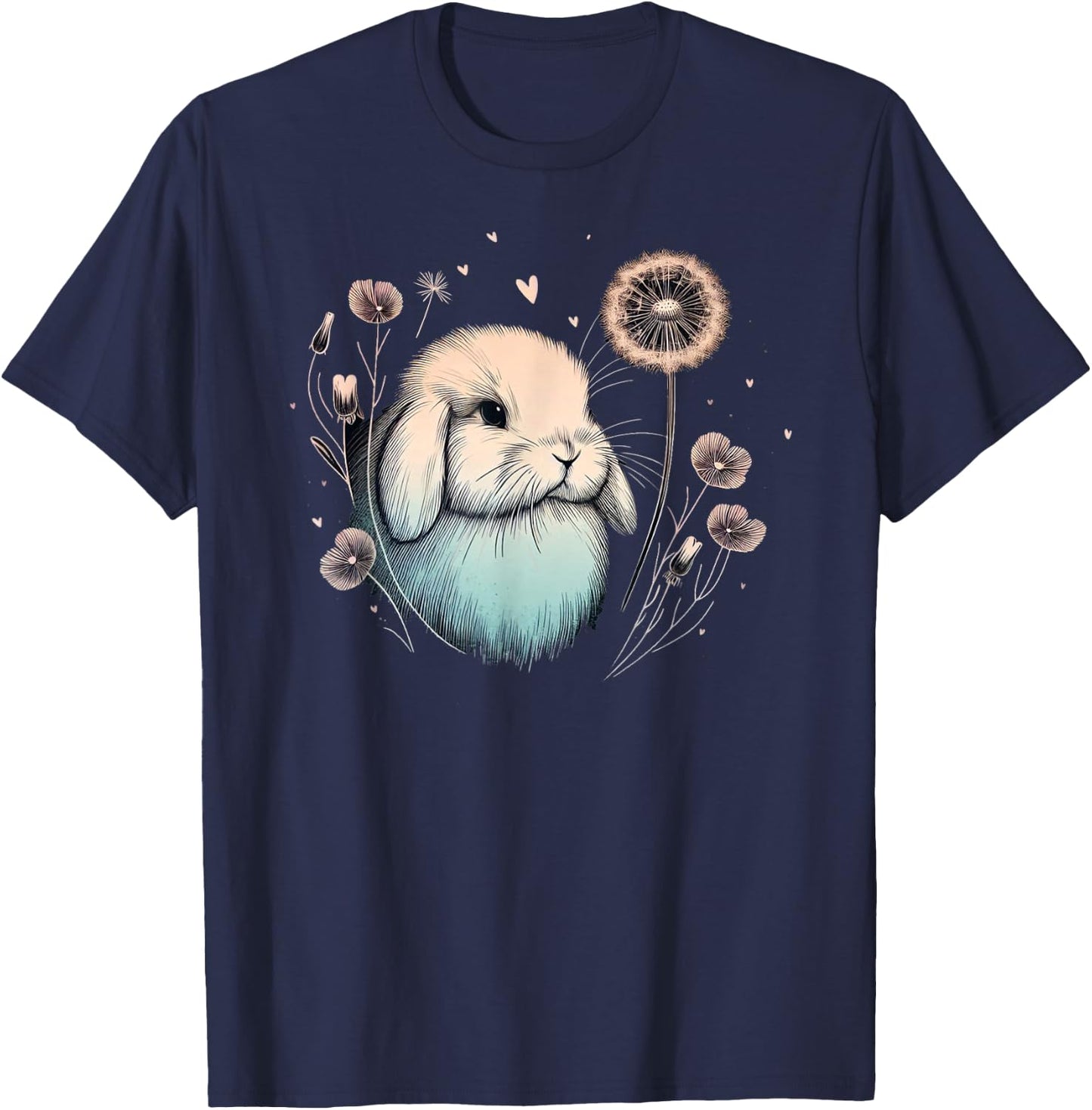 Love Holland Lop Rabbit Dandelion Floral Watercolor Bunny T-Shirt - T-Shirt | Navy