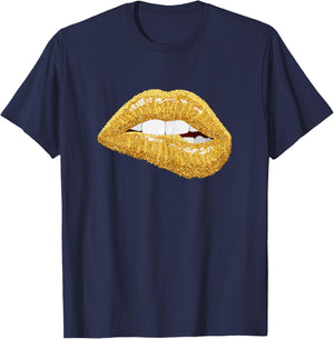 Gold Lips Biting Lipstick Makeup T-Shirt - T-Shirt | Navy
