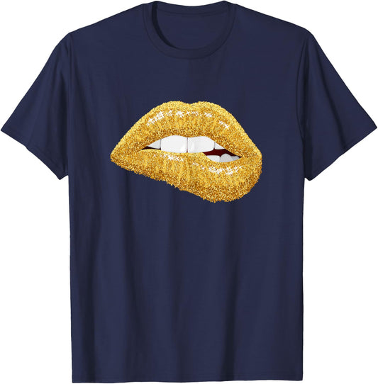 Gold Lips Biting Lipstick Makeup T-Shirt - T-Shirt | Navy
