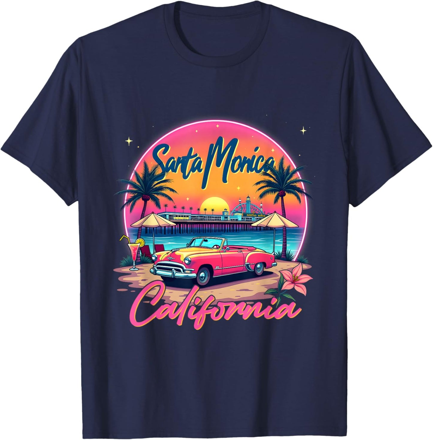 Santa Monica Trip Retro Santa Monica California Sunset Vibes T-Shirt - T-Shirt | Navy