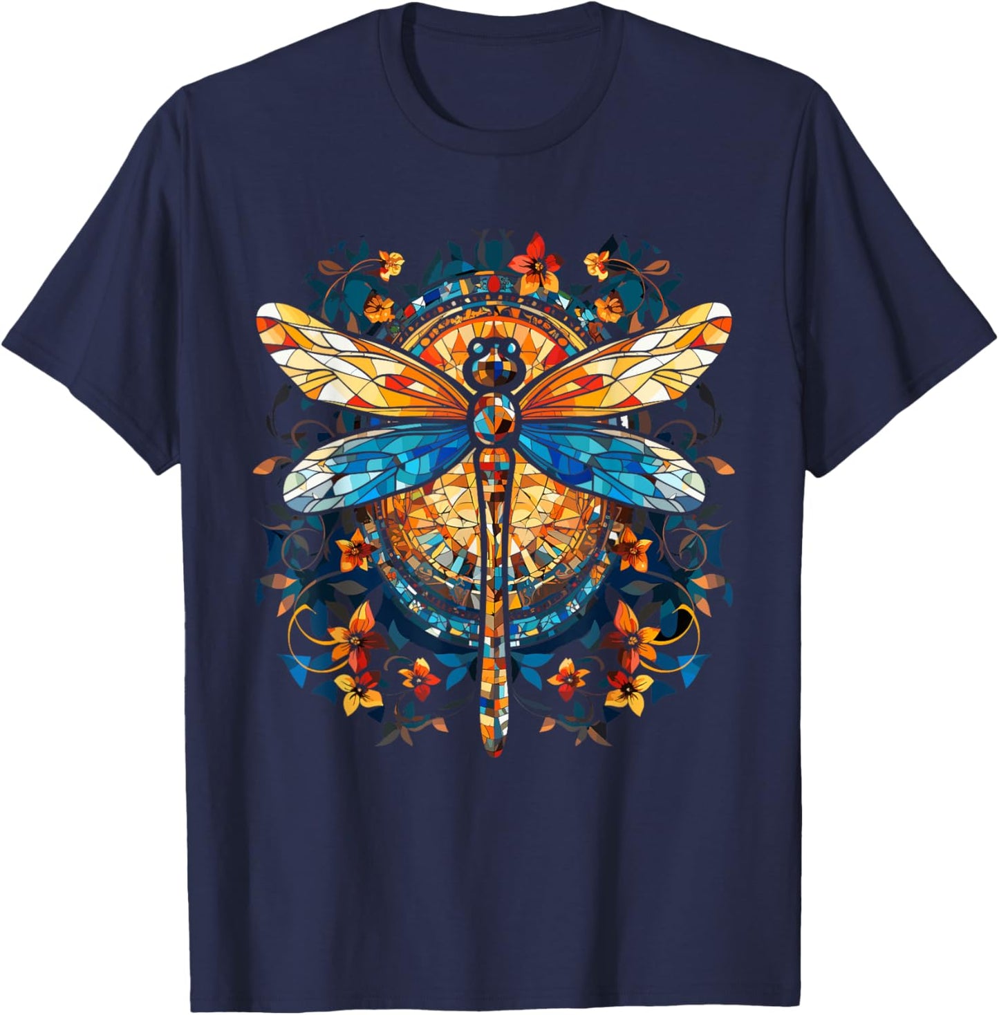 Magical Dragonfly Lover Stained Glass Graphic Design Art T-Shirt - T-Shirt | Navy