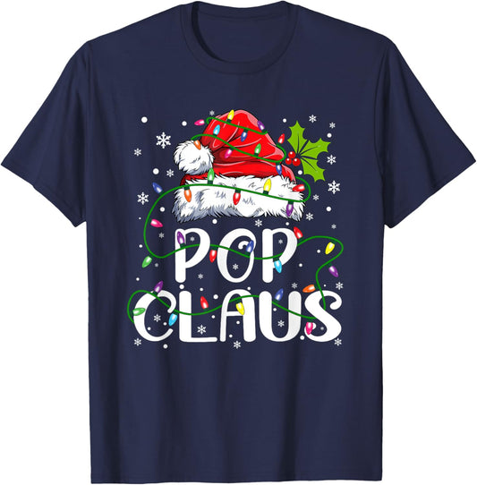 Pop Claus Christmas Santa Hat Matching Family Xmas Lights T-Shirt - T-Shirt | Navy