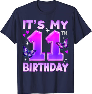11th Birthday Cute Butterfly Bday 11 Year Old Birthday Girl T-Shirt - T-Shirt | Navy