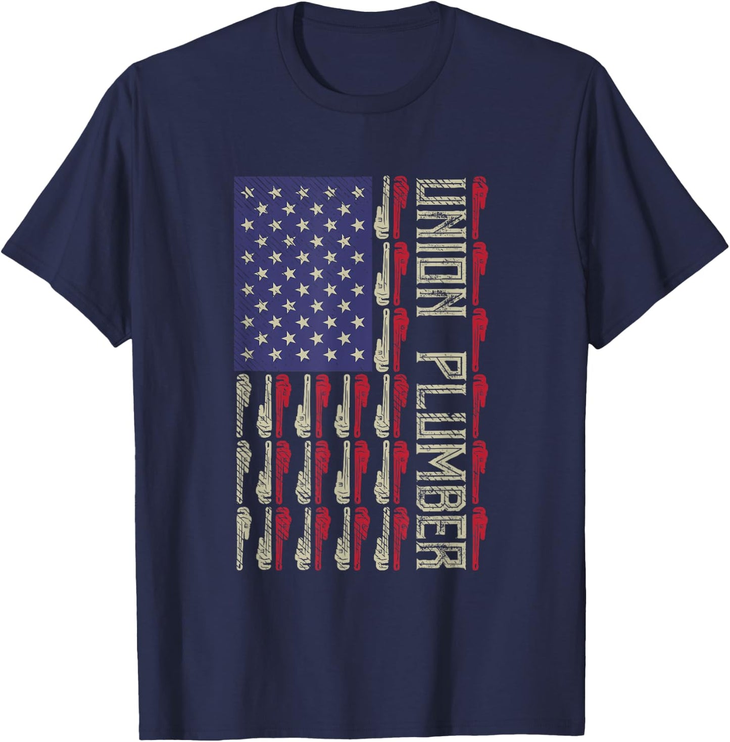 Union Plumber US Flag, Red, White, Blue, Wrench T-Shirt - T-Shirt | Navy
