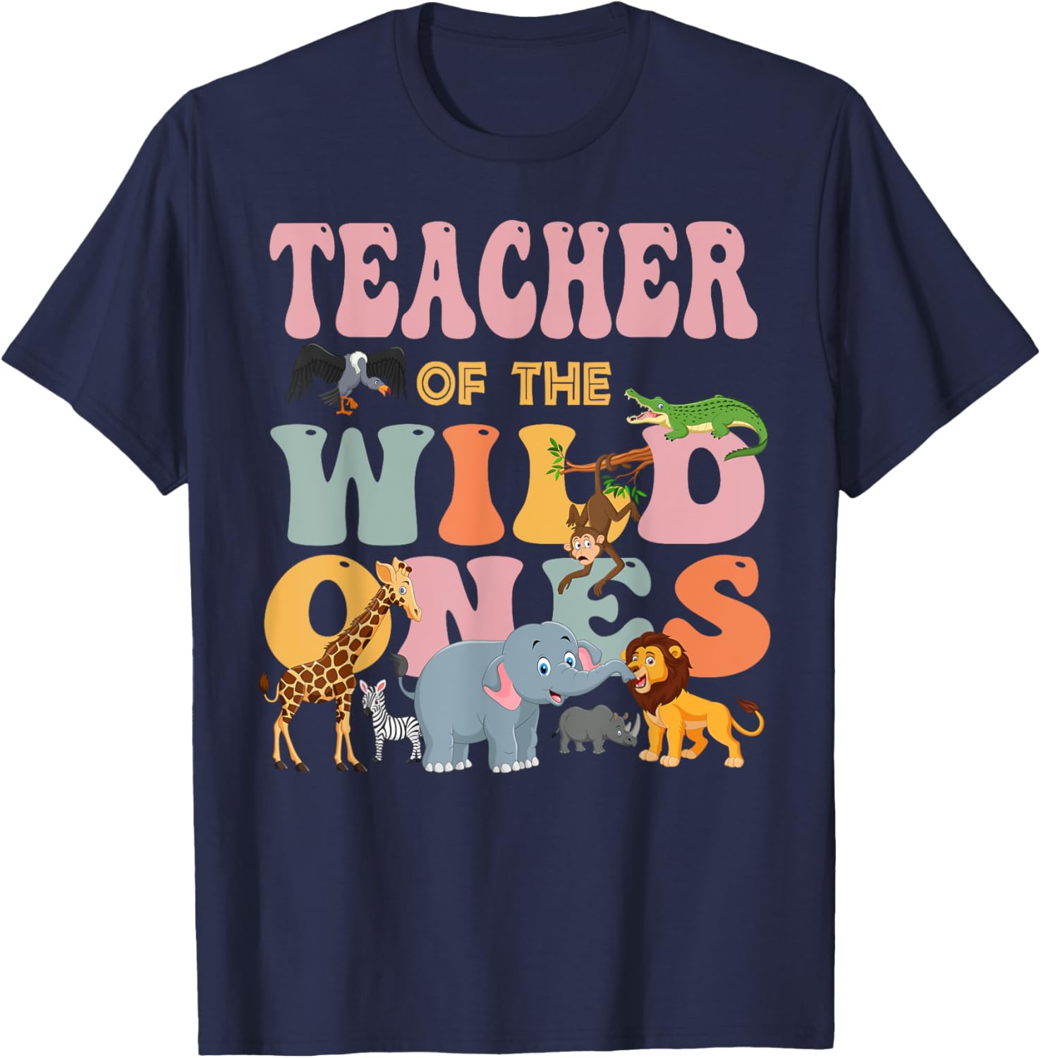 Teacher of the Wild One's Groovy Jungle Animal Earth Day Men Women T-Shirt - T-Shirt | Navy