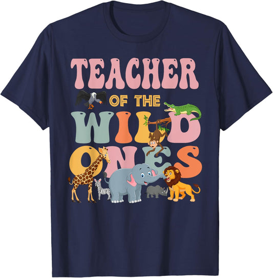 Teacher of the Wild One's Groovy Jungle Animal Earth Day Men Women T-Shirt - T-Shirt | Navy