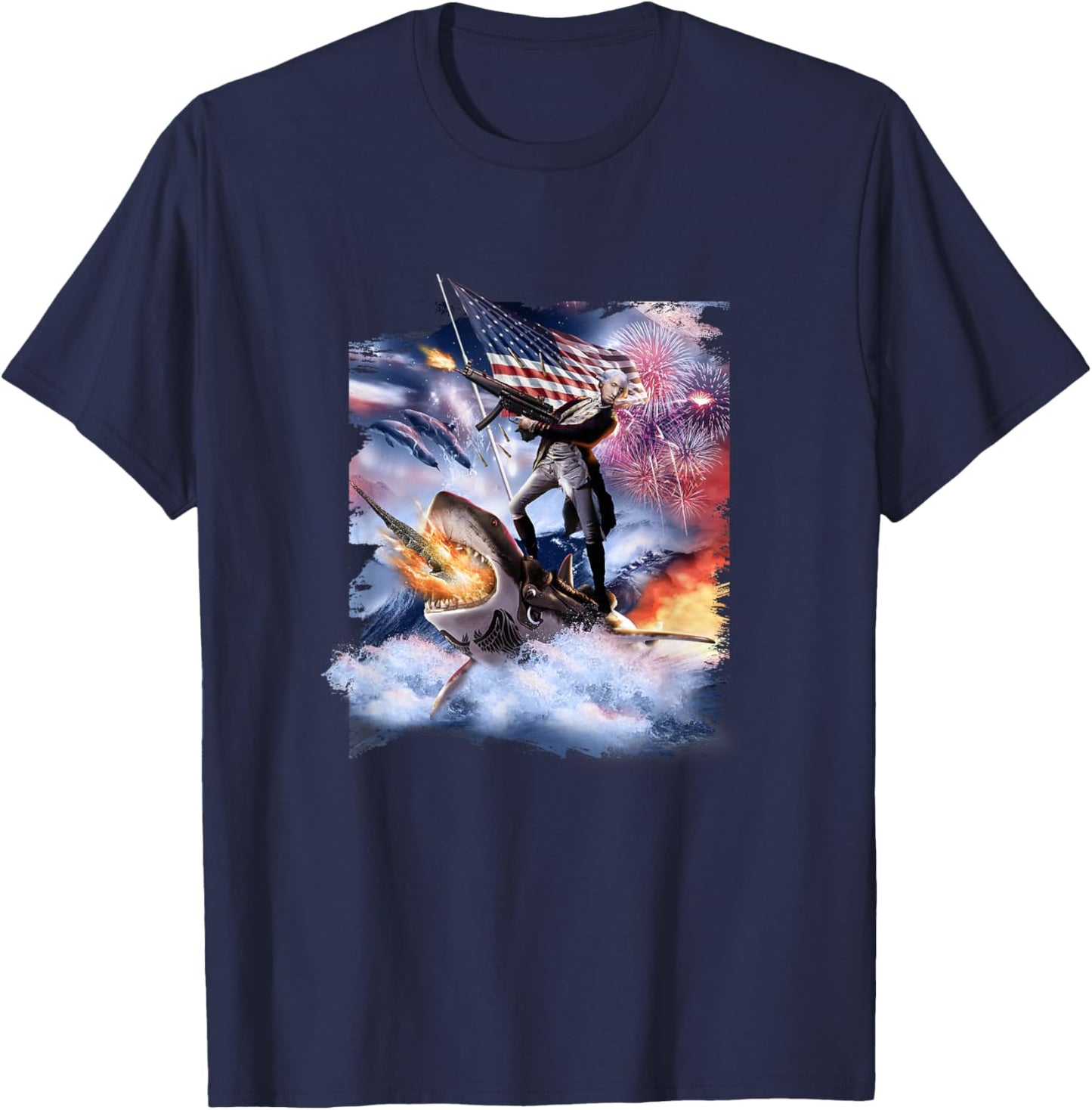 George Washington Riding Shark American Patriotic Funny Men T-Shirt - T-Shirt | Navy