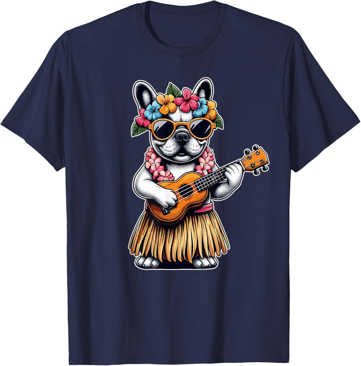 Hula Bulldog French Bulldog Ukulele Hawaiian Women Kids T-Shirt - T-Shirt | Navy