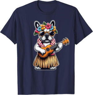 Hula Bulldog French Bulldog Ukulele Hawaiian Women Kids T-Shirt - T-Shirt | Navy