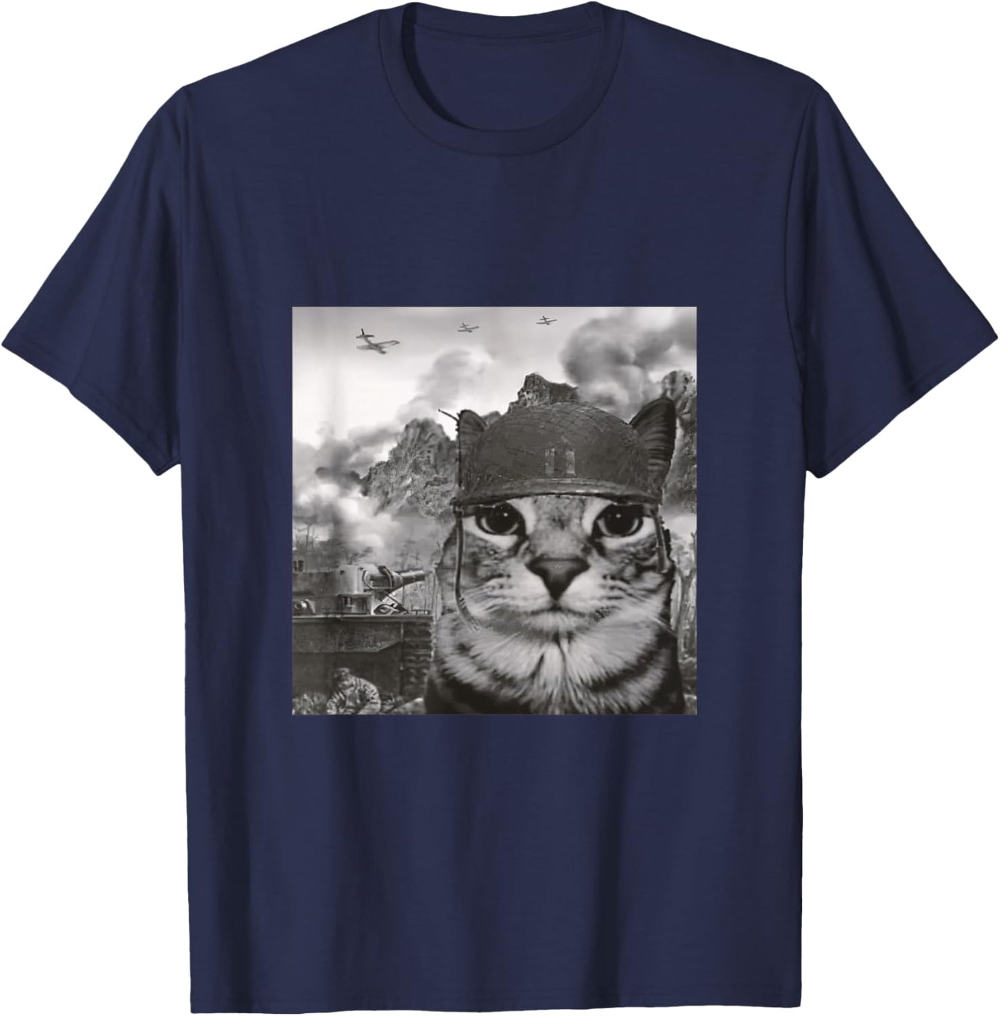 War Cat in The Battlefield, Kitten Soldier Selfie in Battle T-Shirt - T-Shirt | Navy