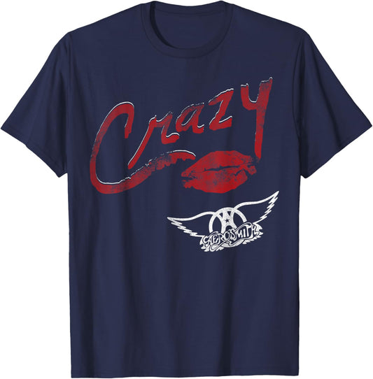 Aerosmith Official Black Crazy - Women's, Girls' -Adults, -Kids - Short Sleeve, , Regular Fit - Small, Medium - Cotton 100% - Band T-Shirt - T-Shirt | Navy