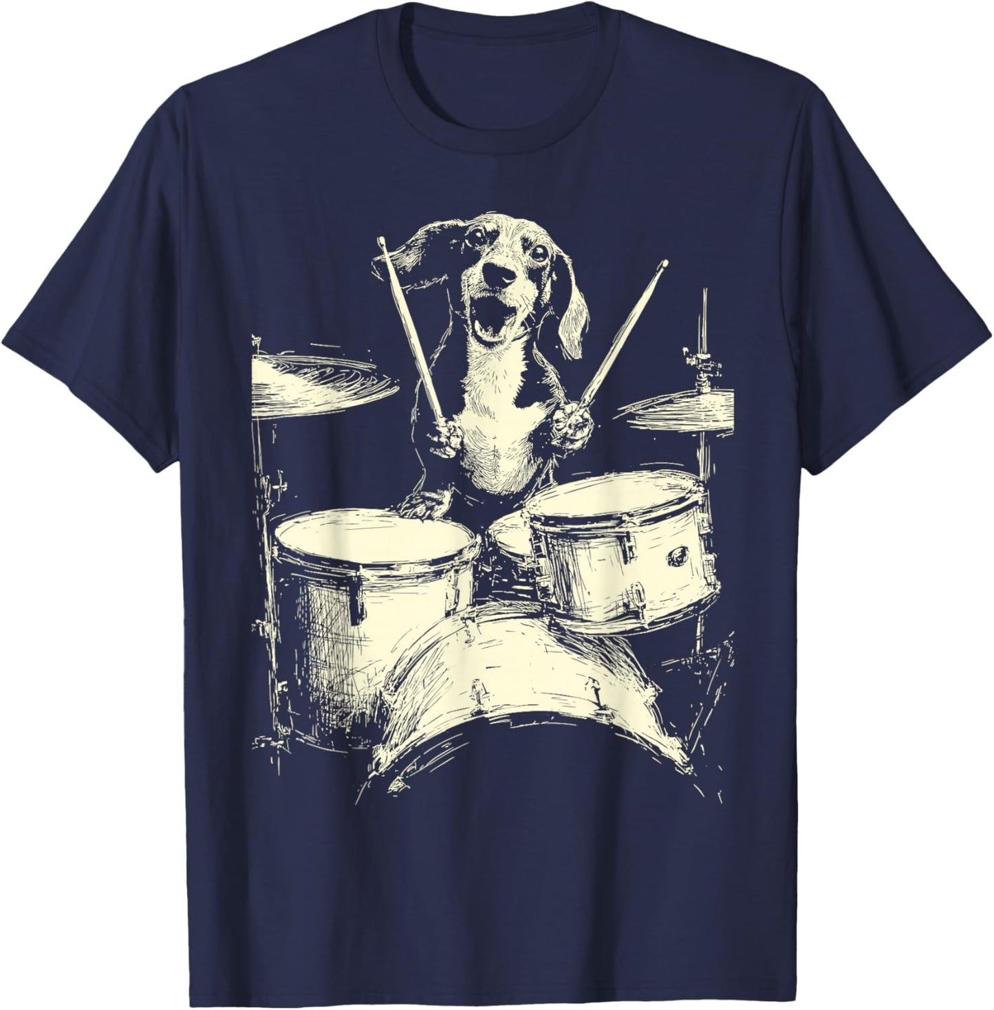 Cute Dachshund Playing Drums Funny Music Sausage Dog Drummer T-Shirt - T-Shirt | Navy