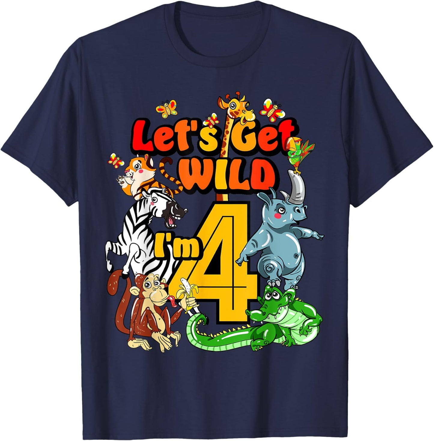 Kids 4 Year Old Zoo Birthday Shirt Safari Jungle Animal 4th T-Shirt - T-Shirt | Navy