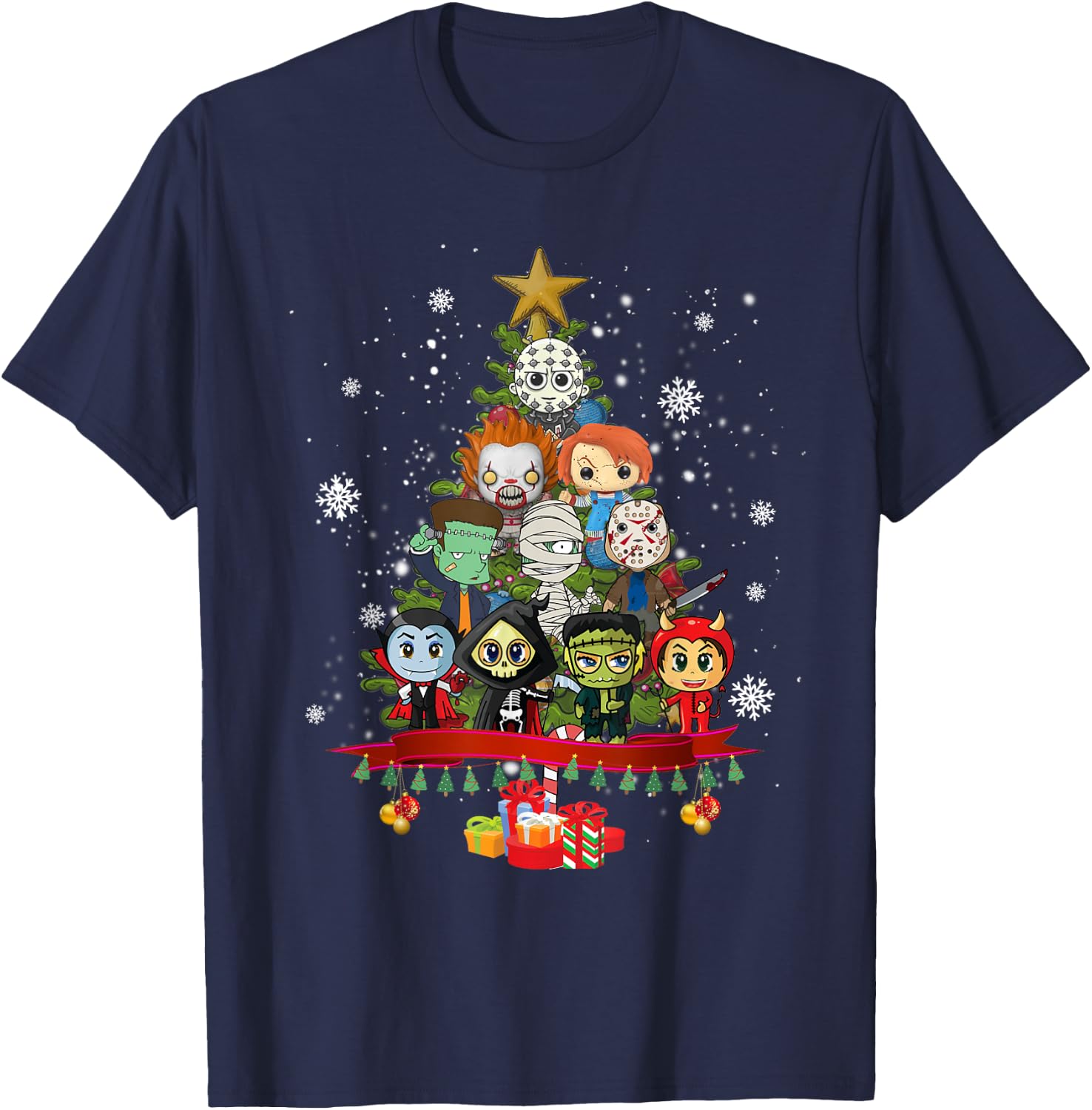 Horror Halloween Christmas Tree Xmas Decor Scary Characters T-Shirt - T-Shirt | Navy