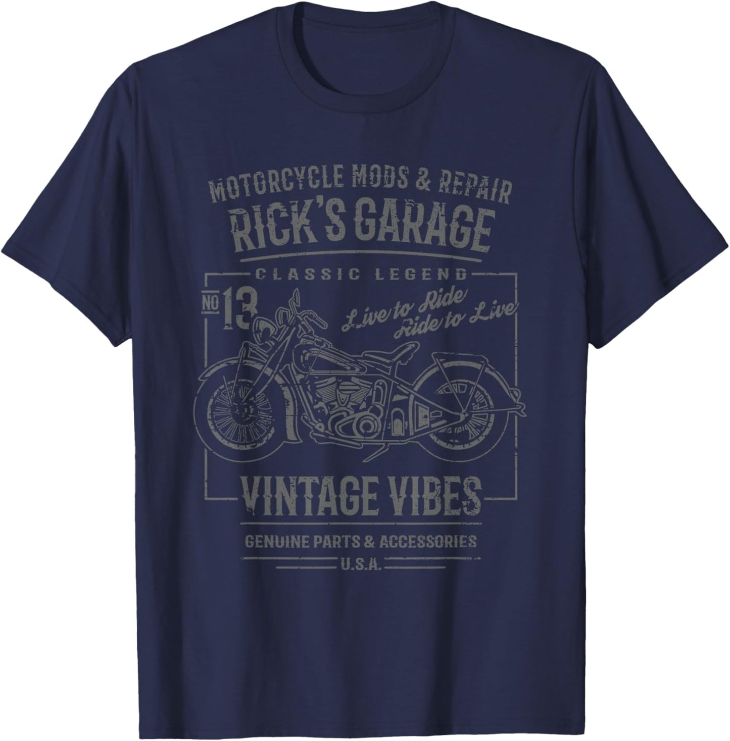 Rick's Garage Motorcycle Design for the Name Rick T-Shirt - T-Shirt | Navy