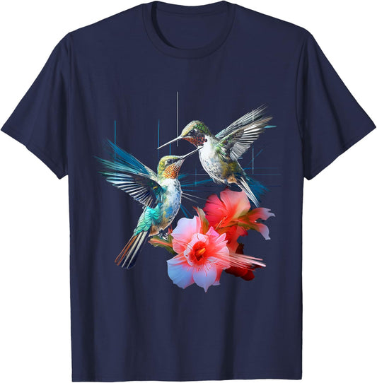 Hummingbird Flowers Fantasy Colorful Animal Art Bird T-Shirt - T-Shirt | Navy