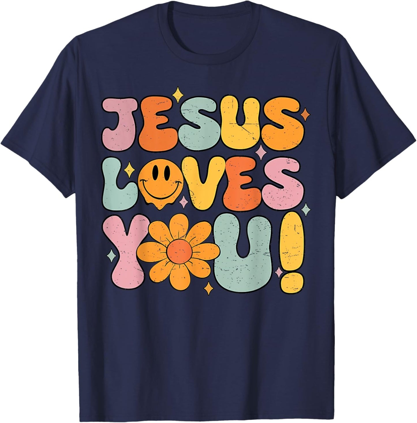 Christian Jesus Loves You Groovy Vintage Religious T-Shirt - T-Shirt | Navy