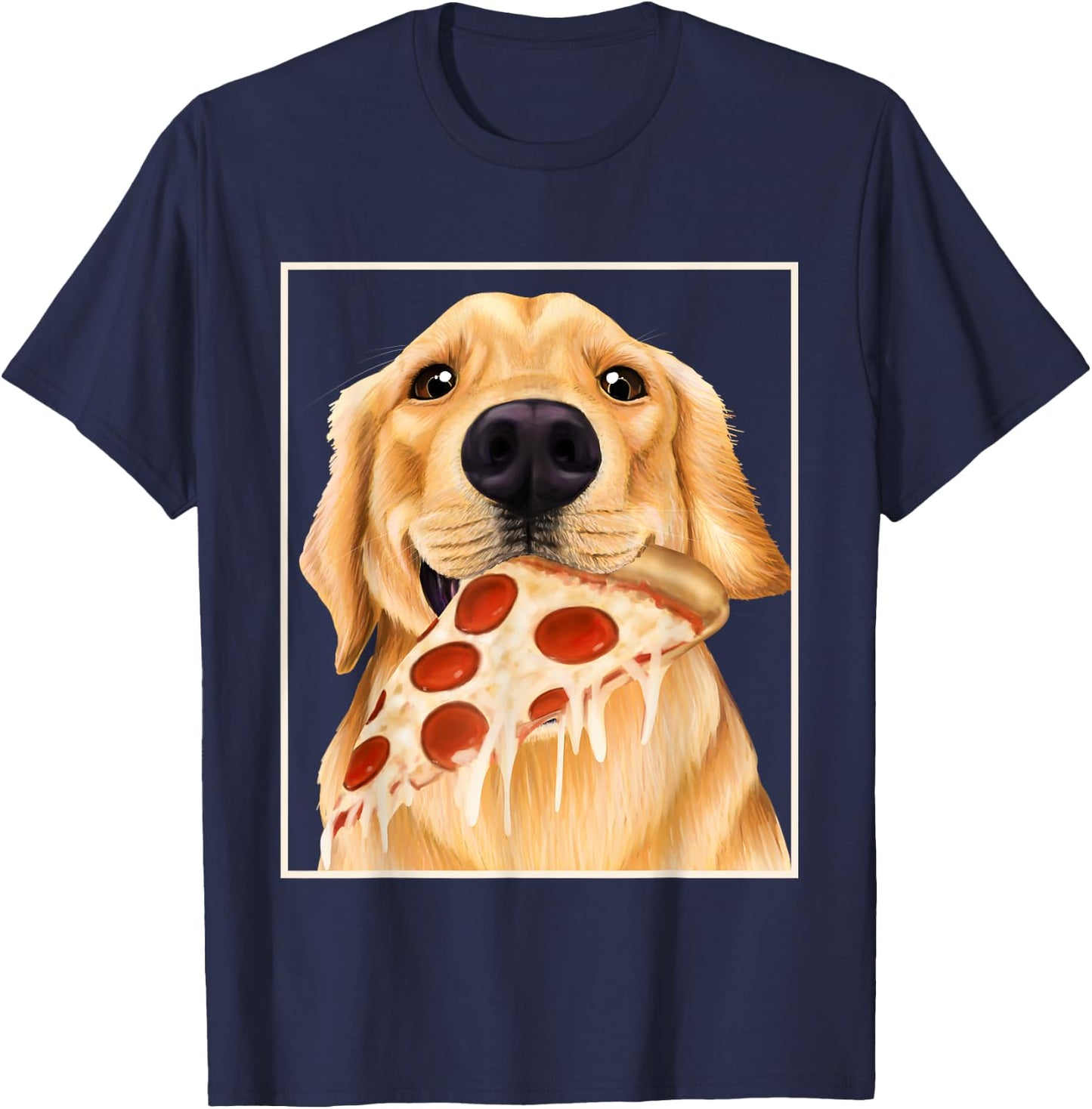 Golden Retriever eating pizza - dog with a slice of pizza T-Shirt - T-Shirt | Navy
