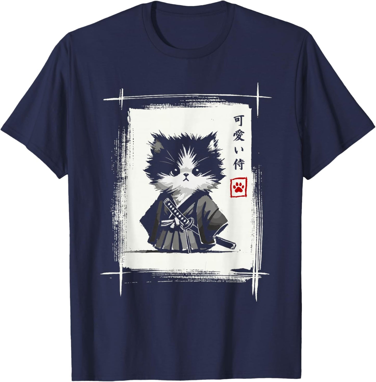 Samurai Katze Japanische Kunst Sumi-e Neuheit Kawaii Lustige Katze T-Shirt - T-Shirt | Navy