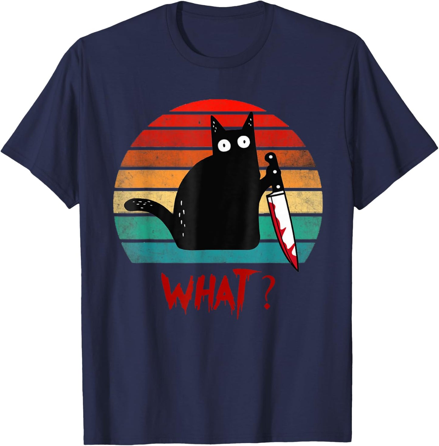 Vintage Cat What? Funny Black Cat Murderous Cat With Knife Women Kids T-Shirt - T-Shirt | Navy