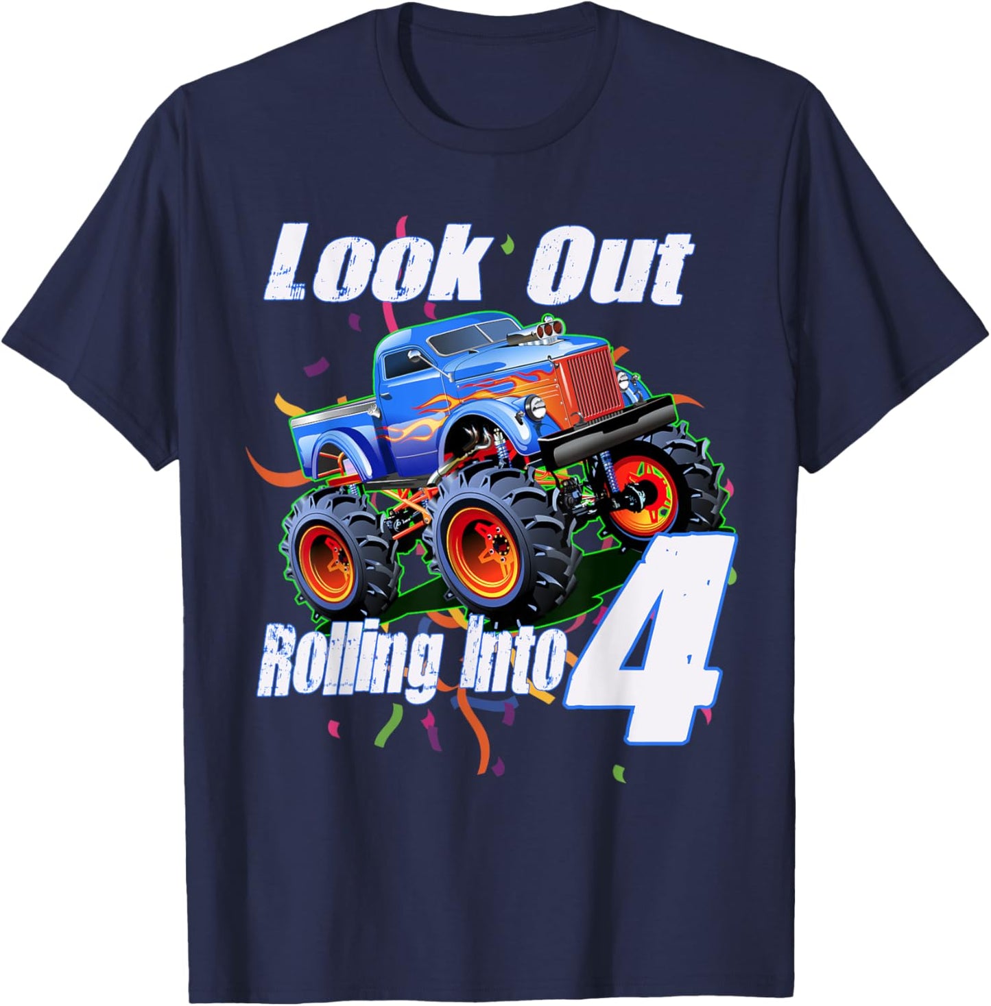 Kids 4 Year Old 4th Birthday Boy Monster Truck Car T-Shirt - T-Shirt | Navy