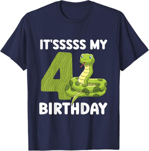 Kids 4th Reptile Birthday Four Year Old Snake Birthday Party T-Shirt - T-Shirt | Navy
