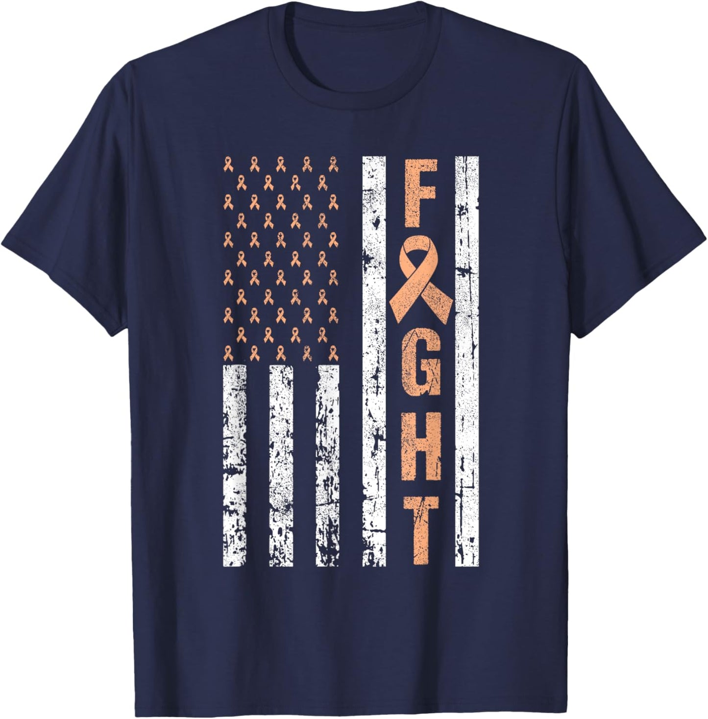Fight Uterine Cancer Awareness Peach Ribbon American Flag T-Shirt - T-Shirt | Navy