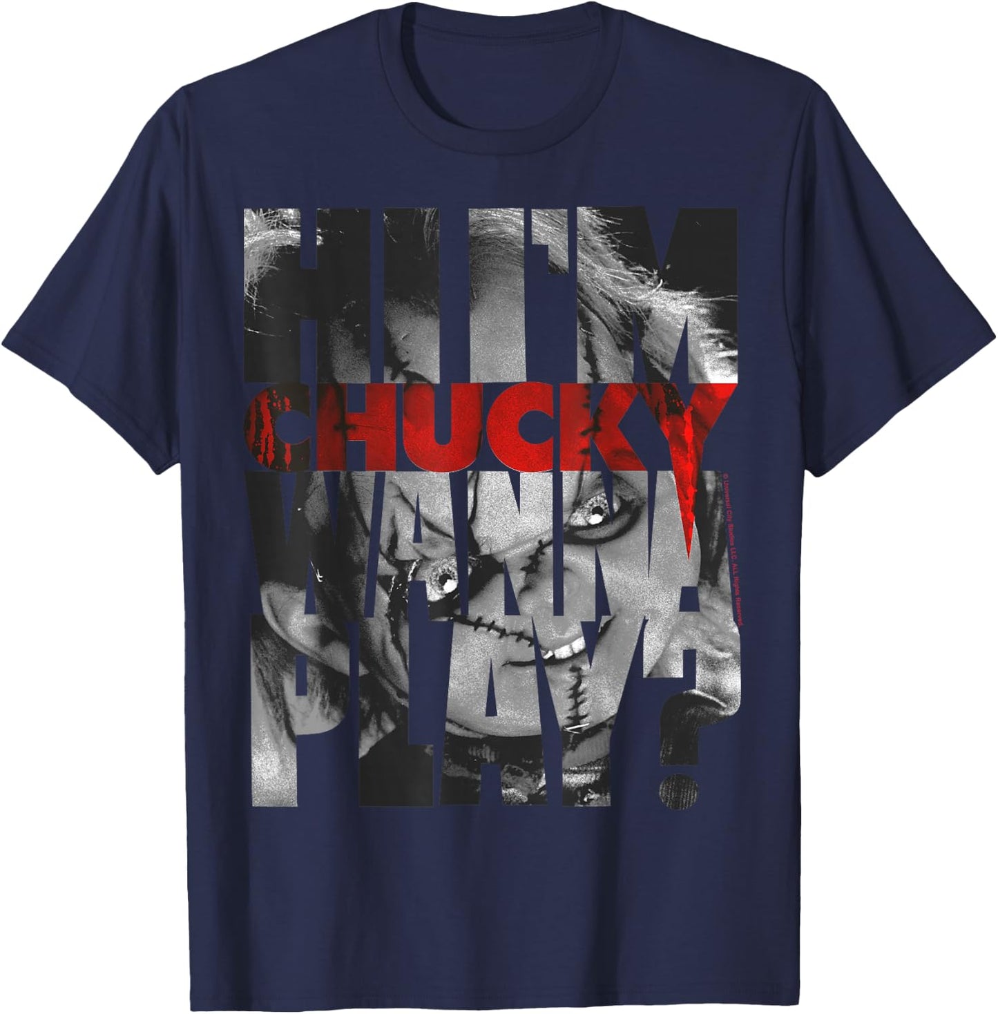 Child's Play Hi I'm Chucky Wanna Play Text Fill Small T-Shirt - T-Shirt | Navy