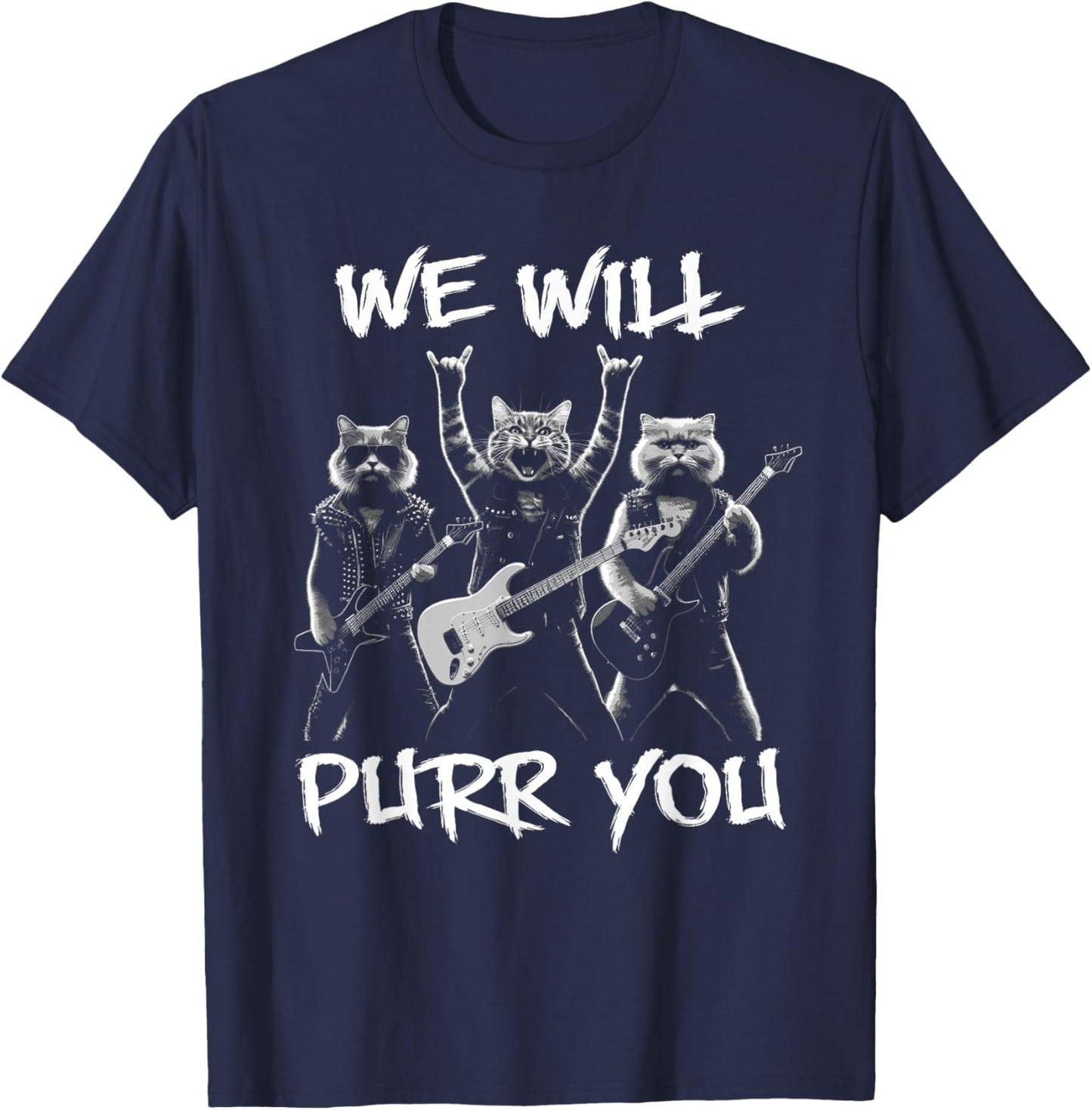 Cat Rock Band with Electric Guitars Funny Vintage T-Shirt - T-Shirt | Navy