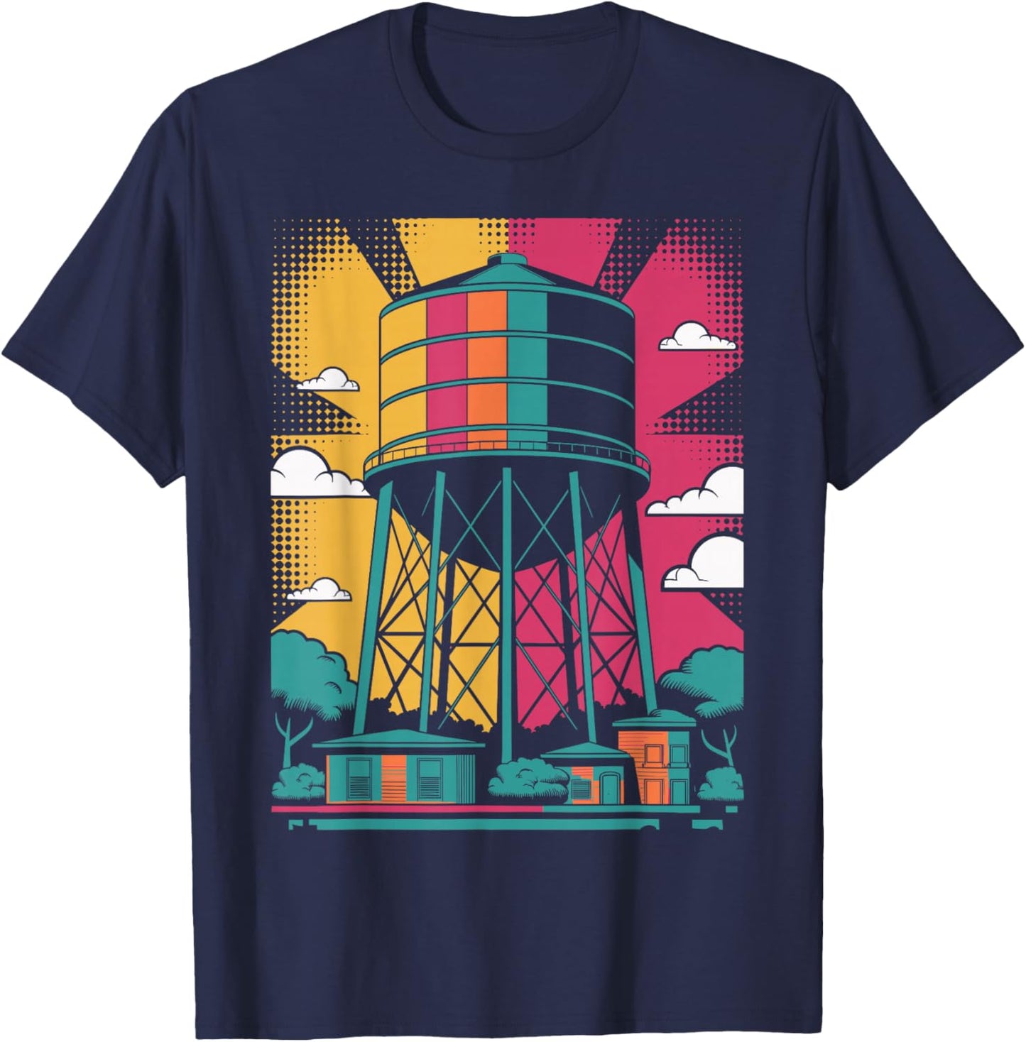 Pop Art Water Tower Urban Landscape Design T-Shirt - T-Shirt | Navy