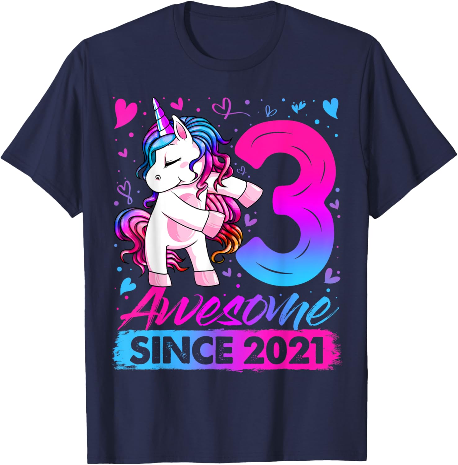 3 Years Old Flossing Unicorn Gifts 3rd Birthday Girl Party T-Shirt - T-Shirt | Navy