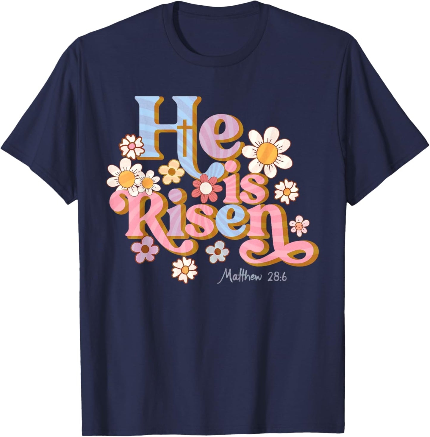 Retro Easter Groovy He is Risen Christian Kids Toddler Girl Small T-Shirt - T-Shirt | Navy