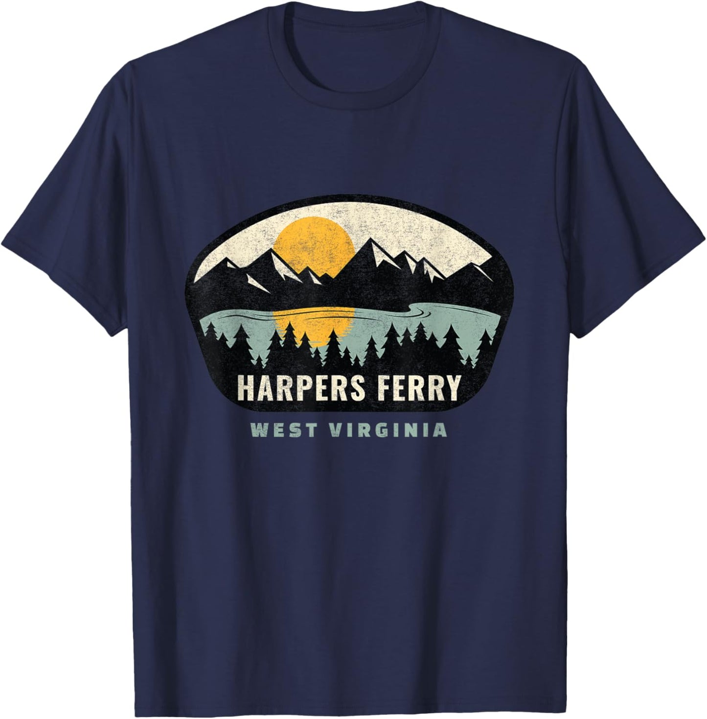Whyitsme Design -Adults Vacation - Black, Small - Short Sleeve - - Modern - Distressed Design with Sunset Background - Harpers Ferry West Virginia Souvenir T-Shirt - T-Shirt | Navy