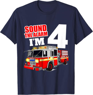 Kids Fire Truck 4th Birthday Boy Firefighter 4 Year Old T-Shirt - T-Shirt | Navy