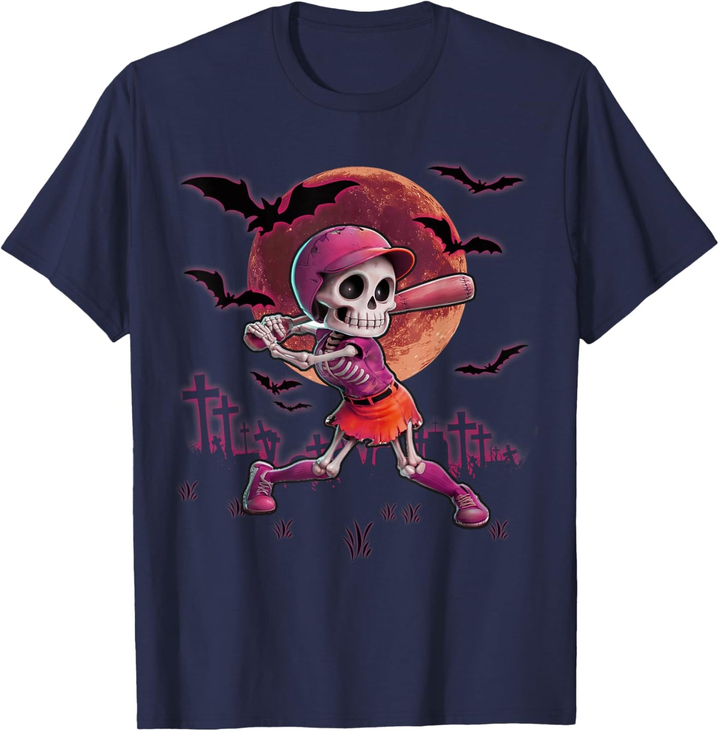 Softball Halloween Skeleton Girl Spooky Season Practice T-Shirt - T-Shirt | Navy