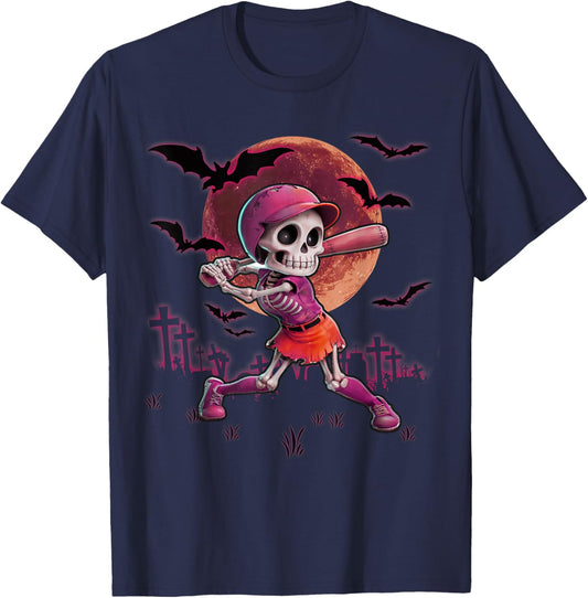 Softball Halloween Skeleton Girl Spooky Season Practice T-Shirt - T-Shirt | Navy