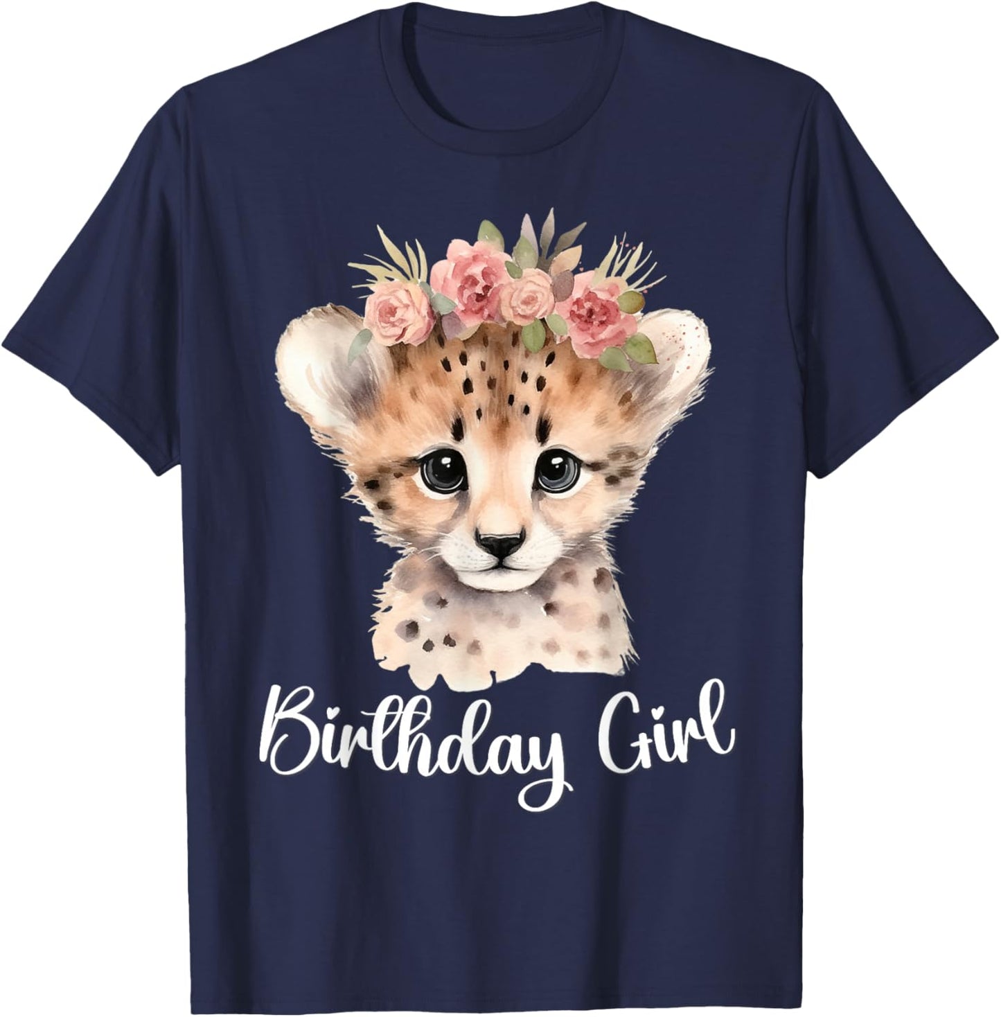 Baby Cheetah Birthday Girl Flowers Zoo Animal Birthday Party T-Shirt - T-Shirt | Navy