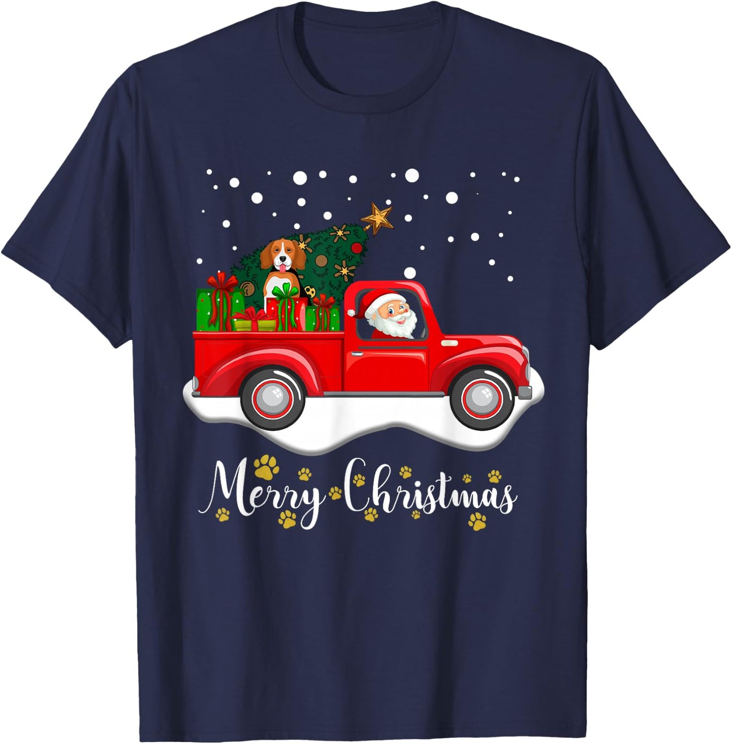 Merry Christmas Xmas With Santa Claus and Beagle Dog T-Shirt - T-Shirt | Navy