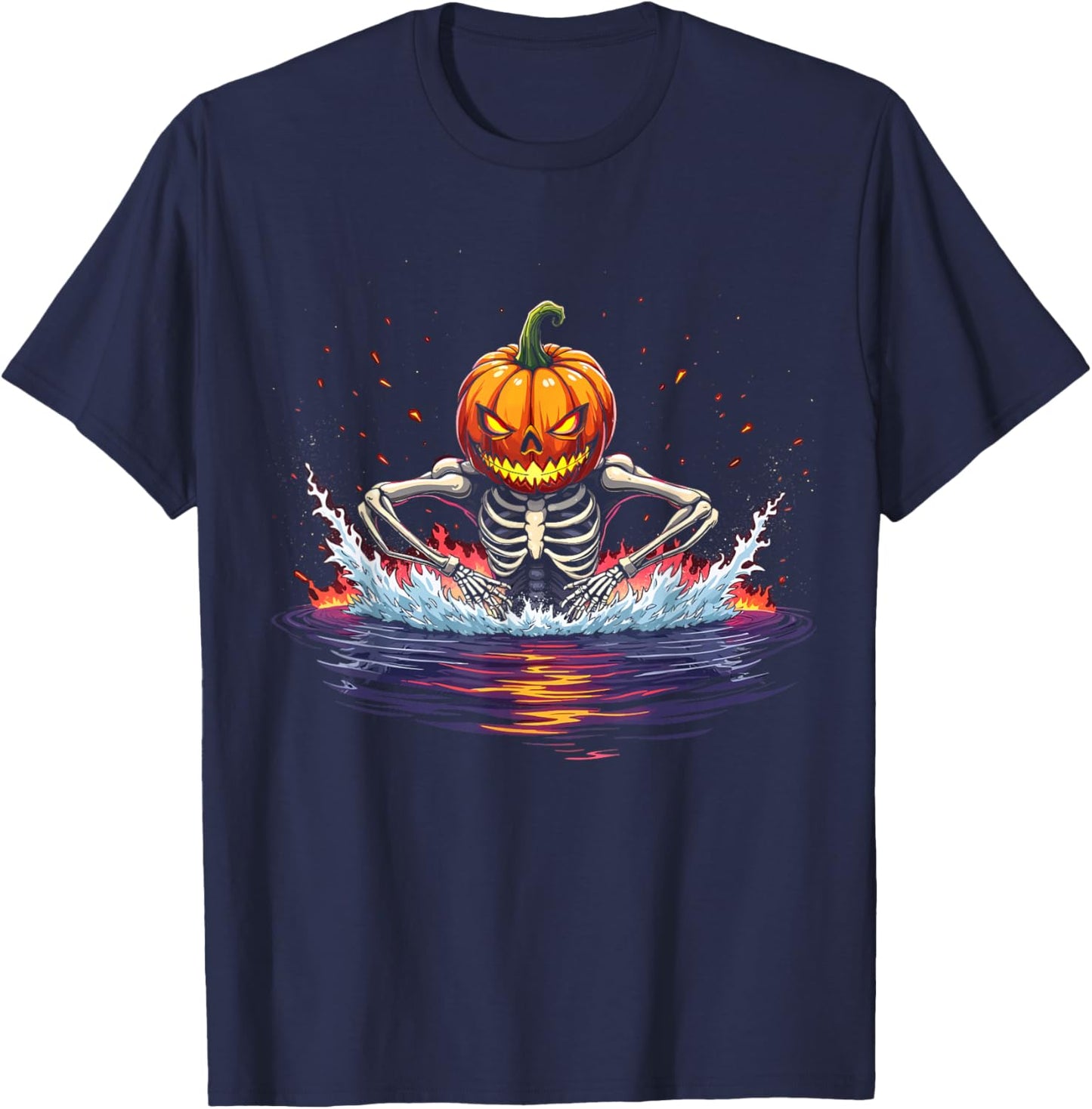 Pumpkin Head Skeleton Swimming Halloween Spooky Sports T-Shirt - T-Shirt | Navy