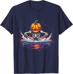 Pumpkin Head Skeleton Swimming Halloween Spooky Sports T-Shirt - T-Shirt | Navy
