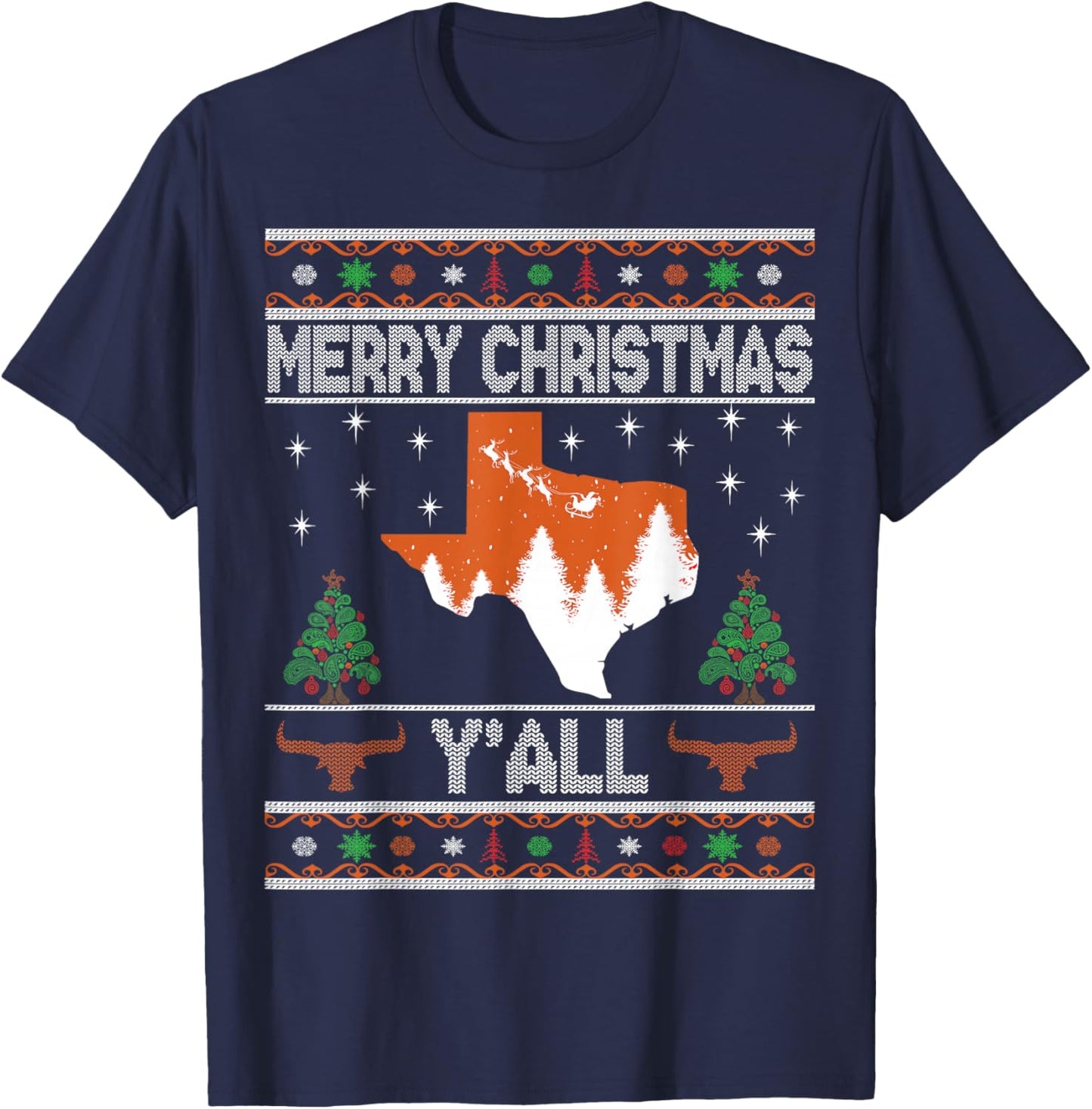 Merry Xmas Y'all Texas Ugly Holiday Longhorn Sweater T-Shirt - T-Shirt | Navy