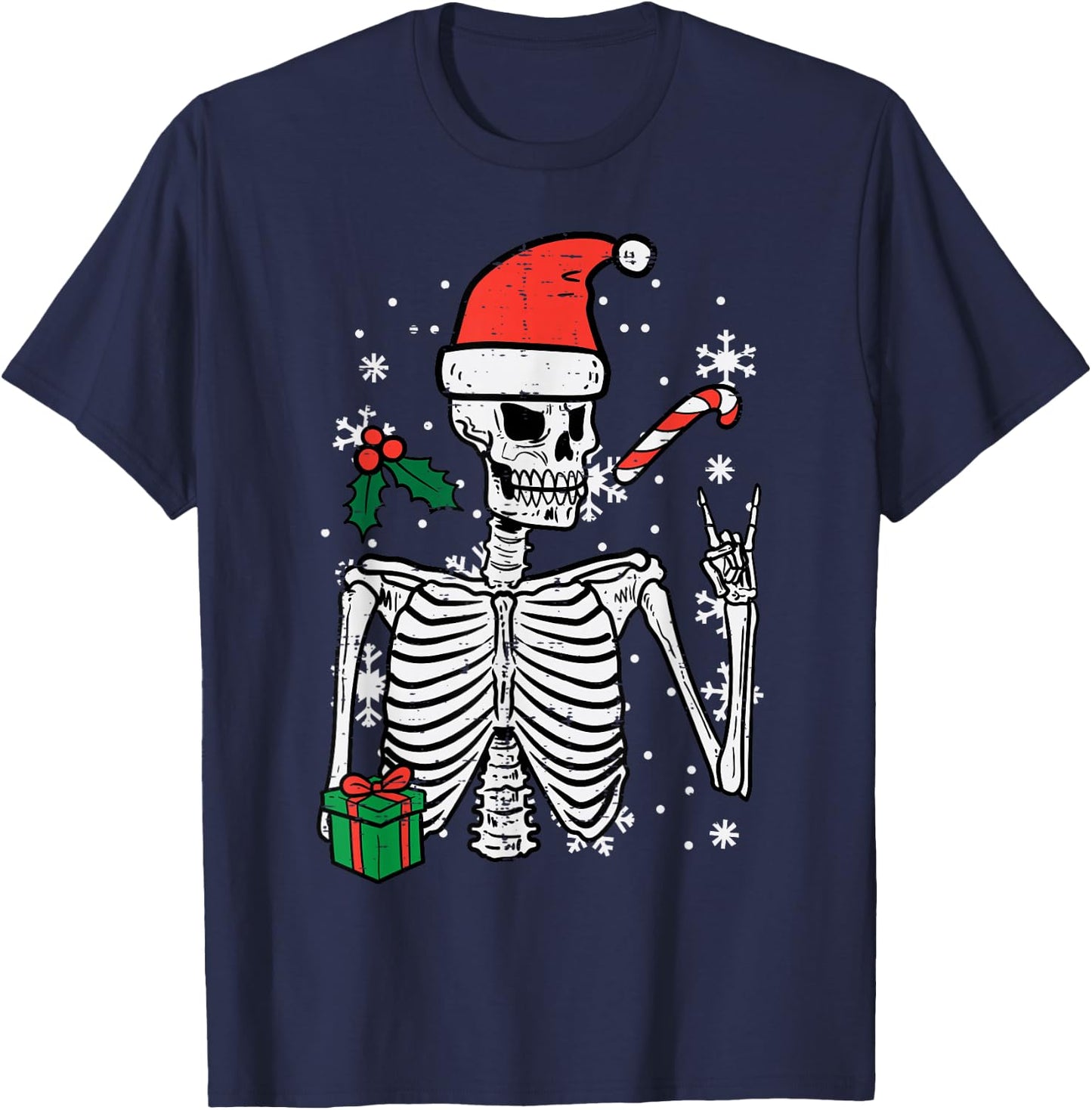 Christmas Rocker Skeleton Santa Rock Hand Xmas Men Boys Kids T-Shirt - T-Shirt | Navy