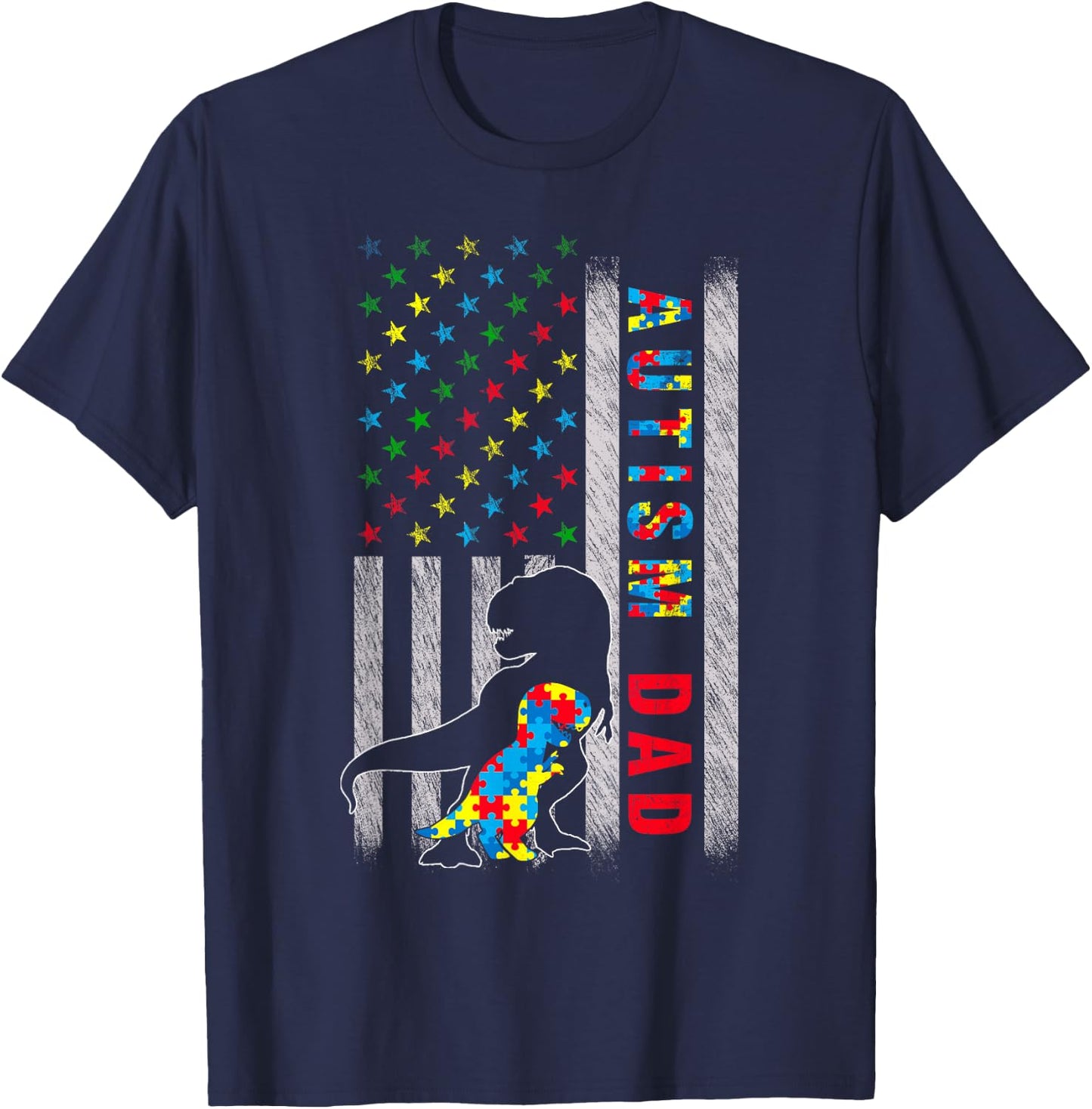 Autism Dad US Flag Dinosaur Autism Awareness T-Shirt - T-Shirt | Navy