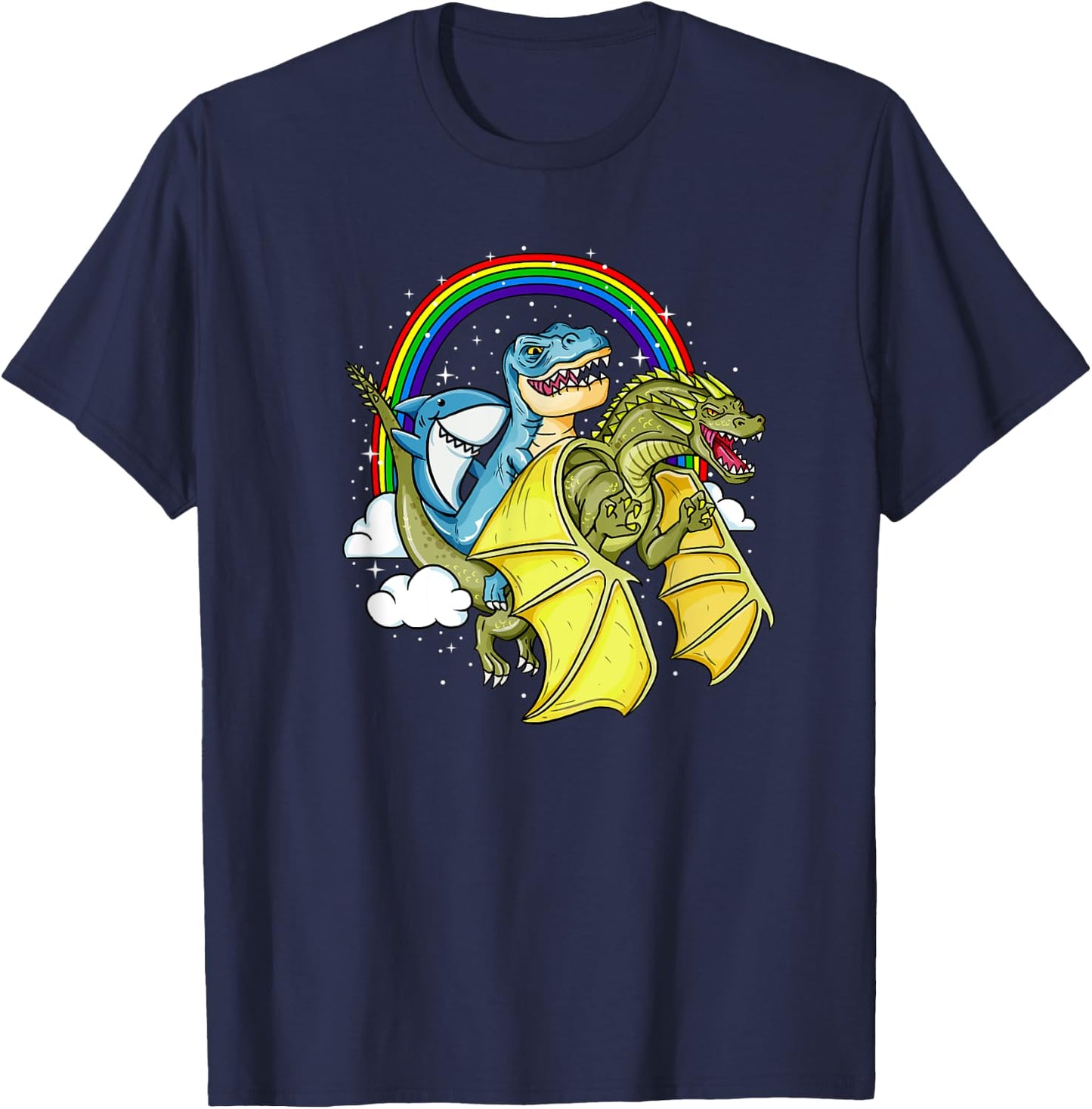 Shark Riding T-Rex Dinosaur Dragon Rainbow Fantasy Gift T-Shirt - T-Shirt | Navy
