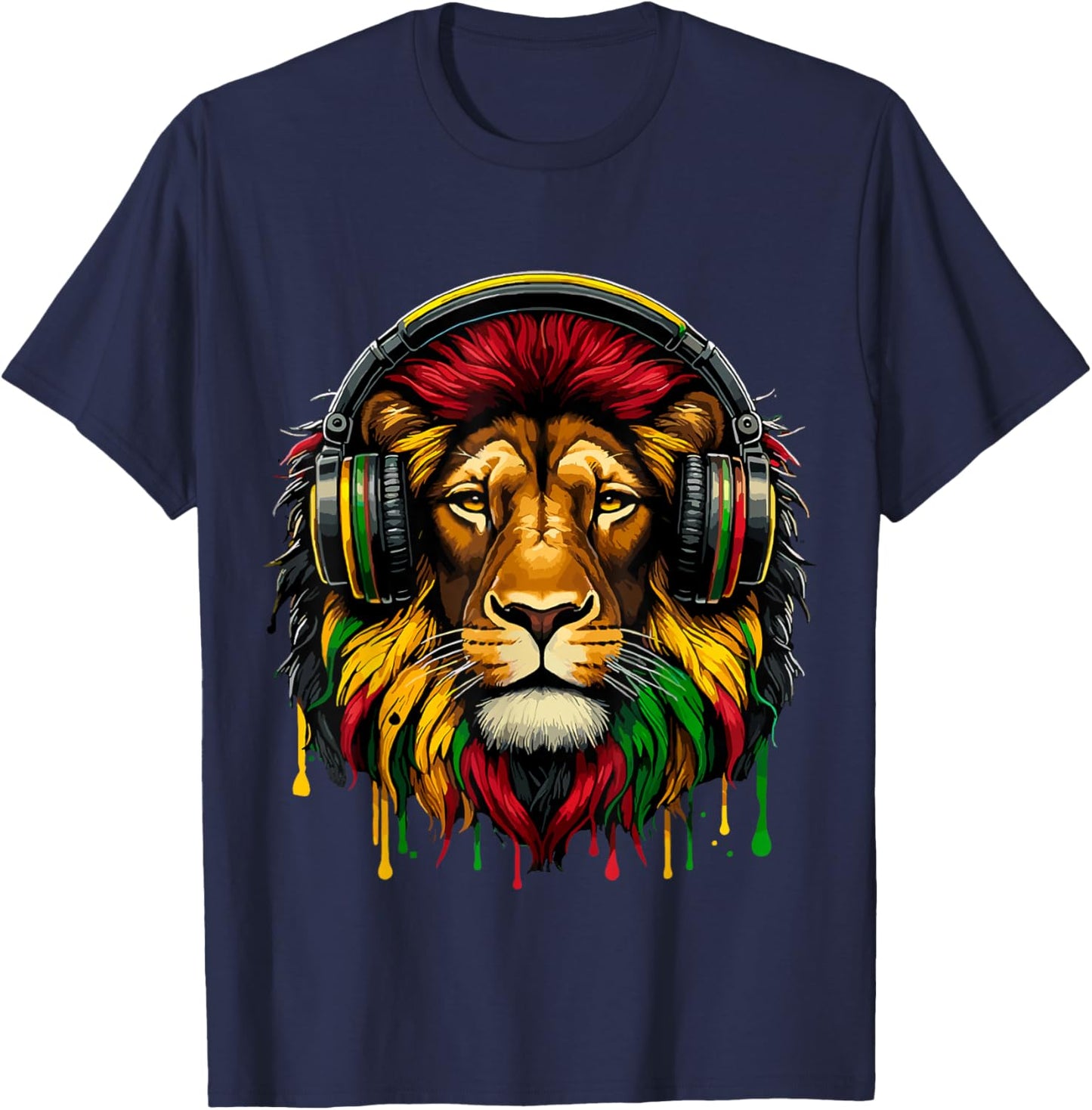 Rasta Raggae Jamaica Music Headphones Lion of Judah T-Shirt - T-Shirt | Navy