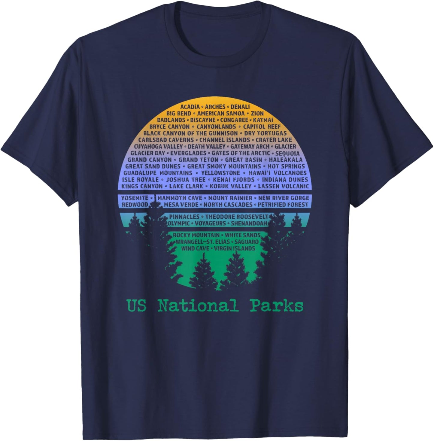 National Parks List Word Cloud Sunset Trees Men Women Kids T-Shirt - T-Shirt | Navy